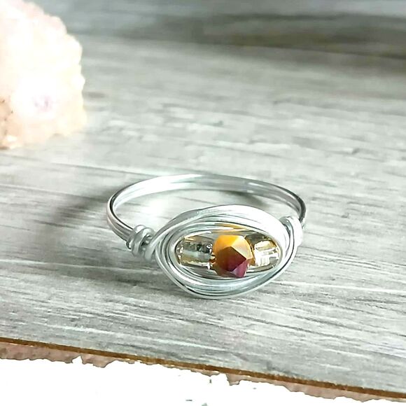 Dainty Glass Beaded Ring, Faceted Glass Jewelry, Wire Ring, Size 9.5 - Picture 1 of 2